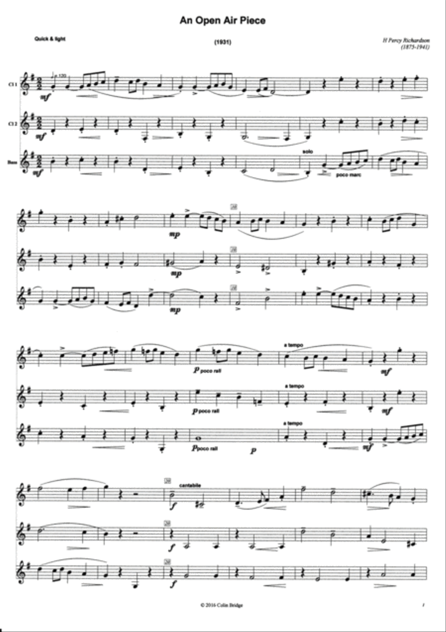 An Open Air Piece by H Percy Richardson (1931) arr for Clarinet Trio (2 Bb & Bass) Clarinet Trio scores gallery preview page 1