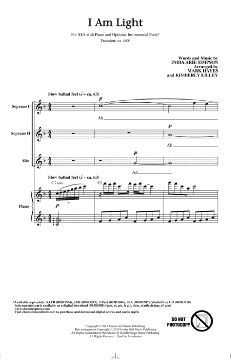 I Am Light (arr. Mark Hayes and Kimberly Lilley) SSA scores gallery preview page 1