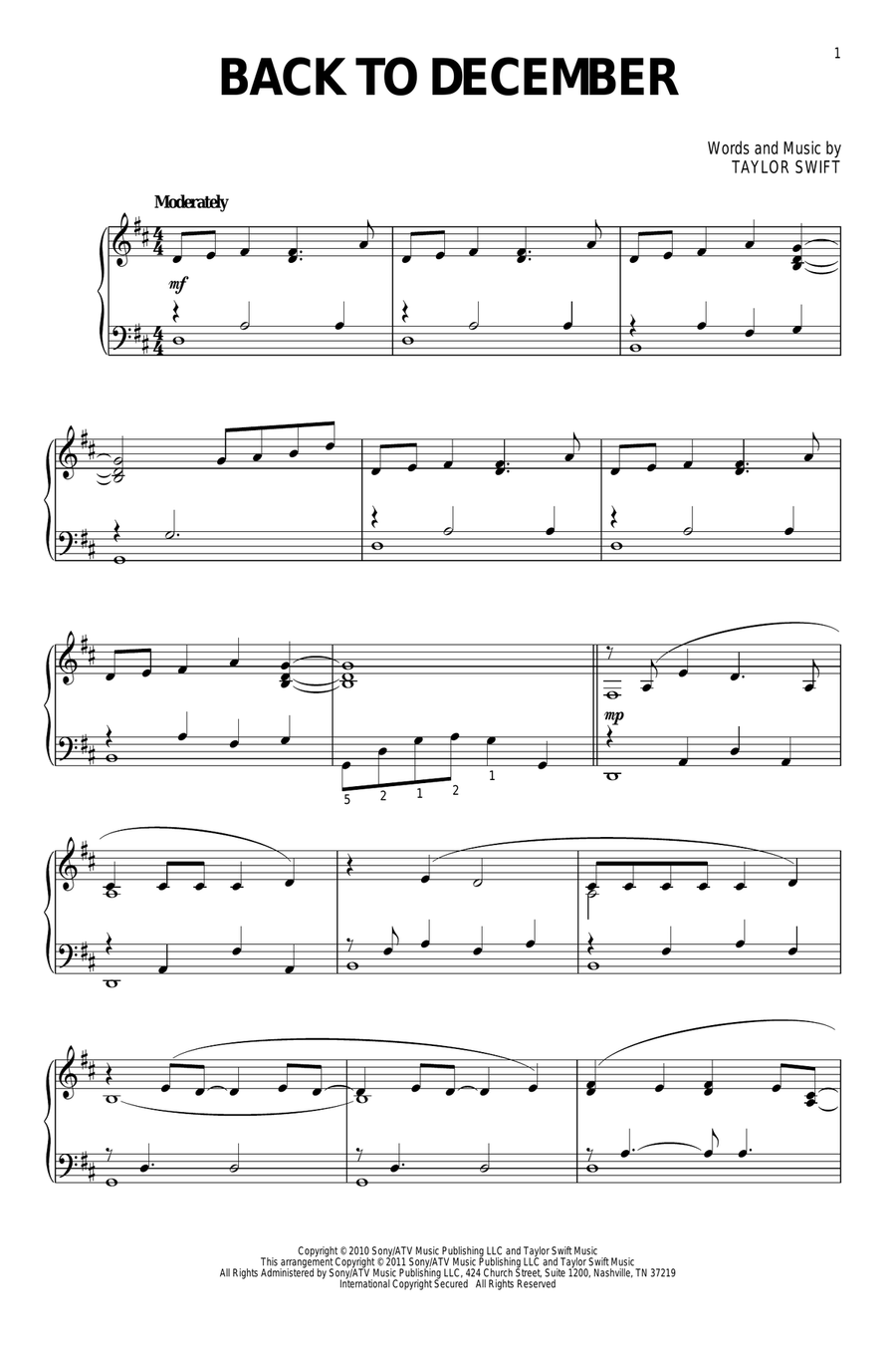 Back To December Piano Solo scores gallery preview page 1