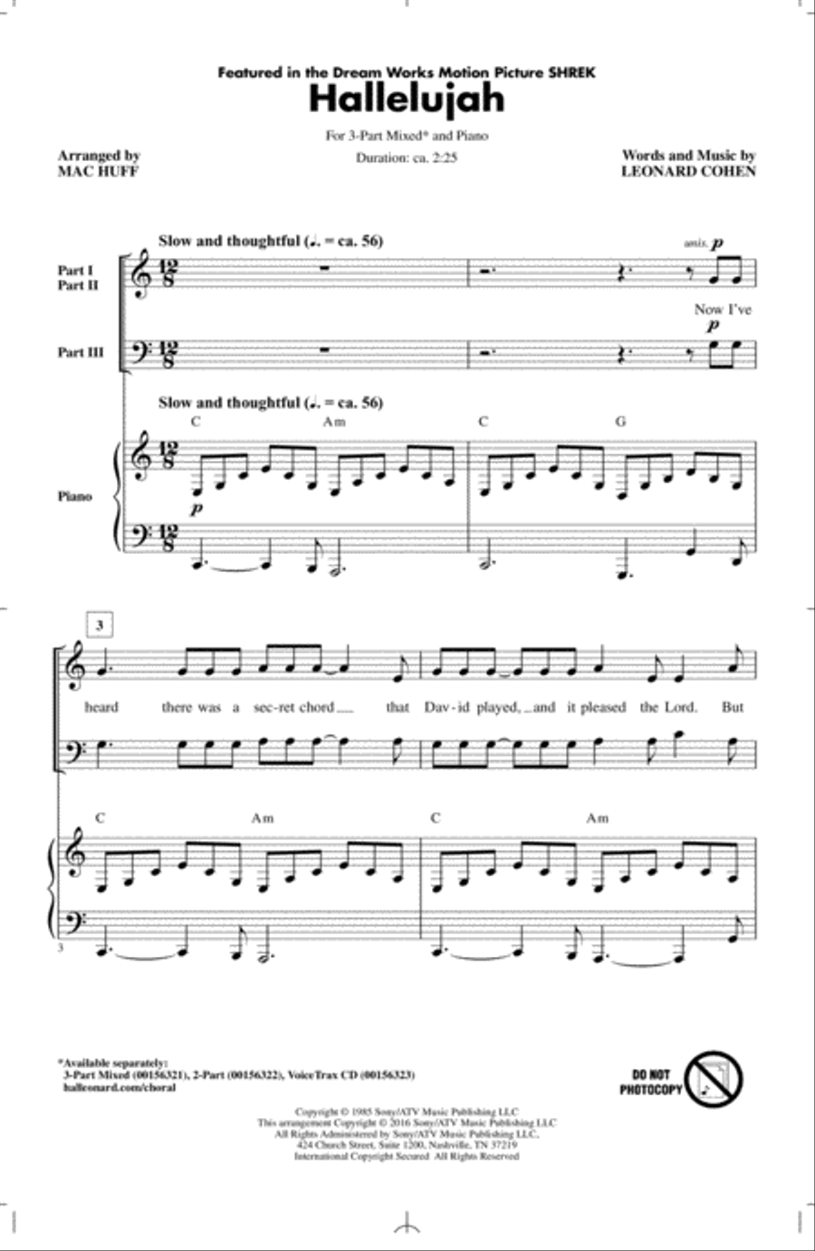 Hallelujah (arr. Mac Huff) 3-Part scores gallery preview page 1