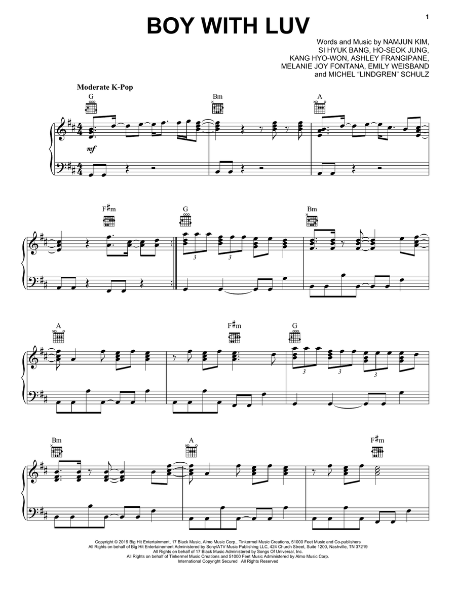 Boy With Luv (feat. Halsey) Piano Solo scores gallery preview page 1