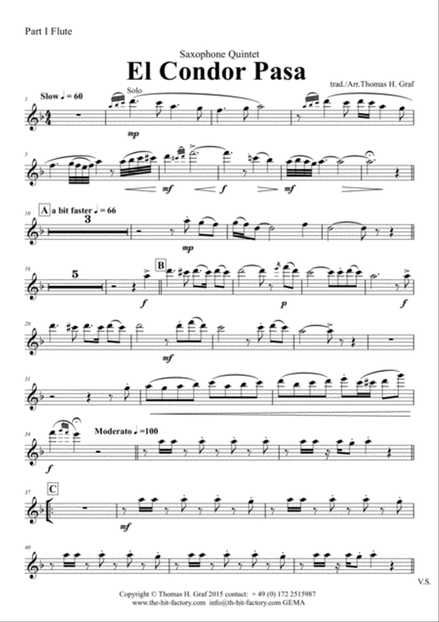 El Condor pasa - Peruvian Folk Song - Saxophone Quintet Saxophone Quintet scores gallery preview page 5