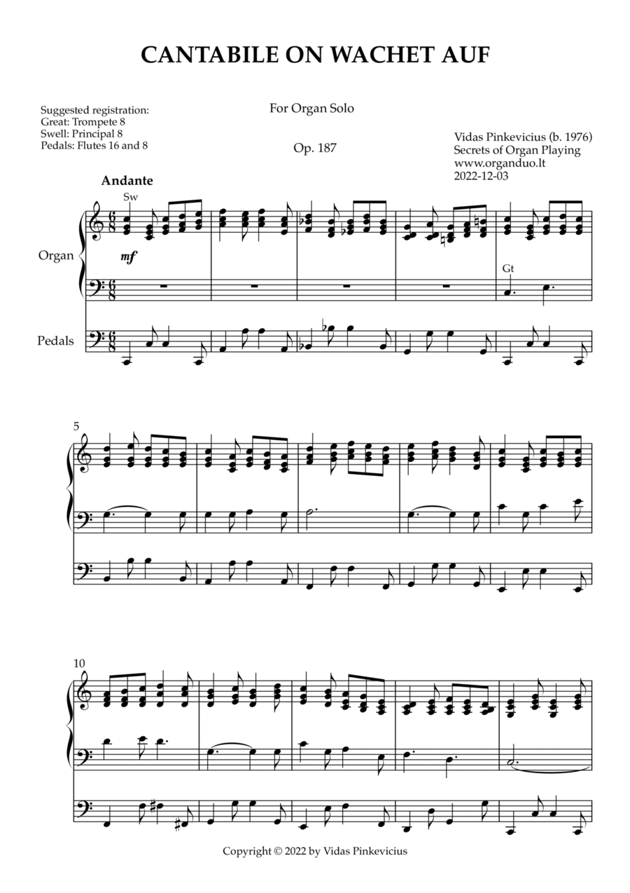Cantabile on Wachet auf, Op. 187 (Organ Solo) by Vidas Pinkevicius Organ Solo scores gallery preview page 1