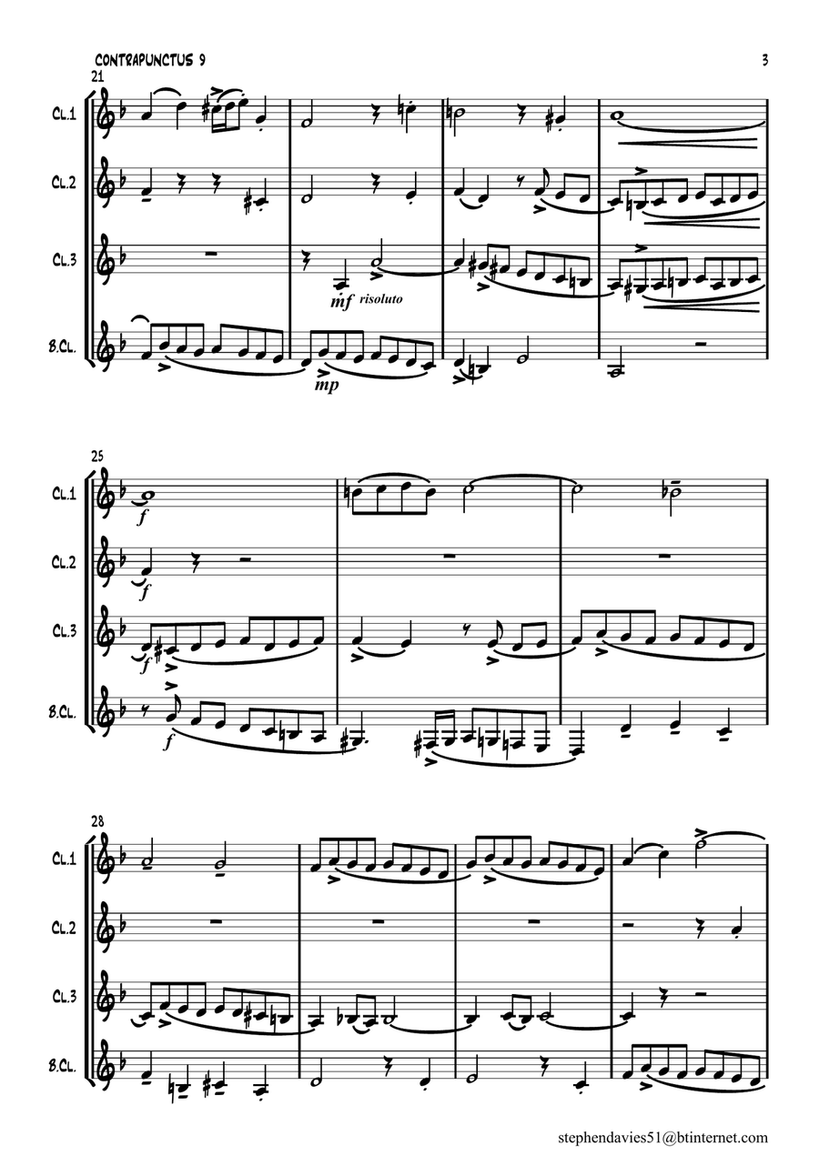 'Contrapunctus 9' By J.S.Bach BWV 1080 from 'The Art of the Fugue' for Clarinet Quartet. Clarinet Quartet scores gallery preview page 3