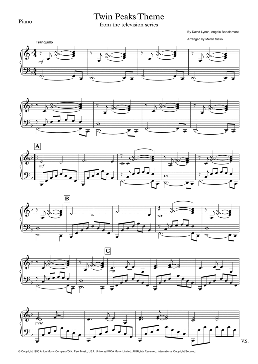 Twin Peaks Theme Piano Solo scores gallery preview page 1