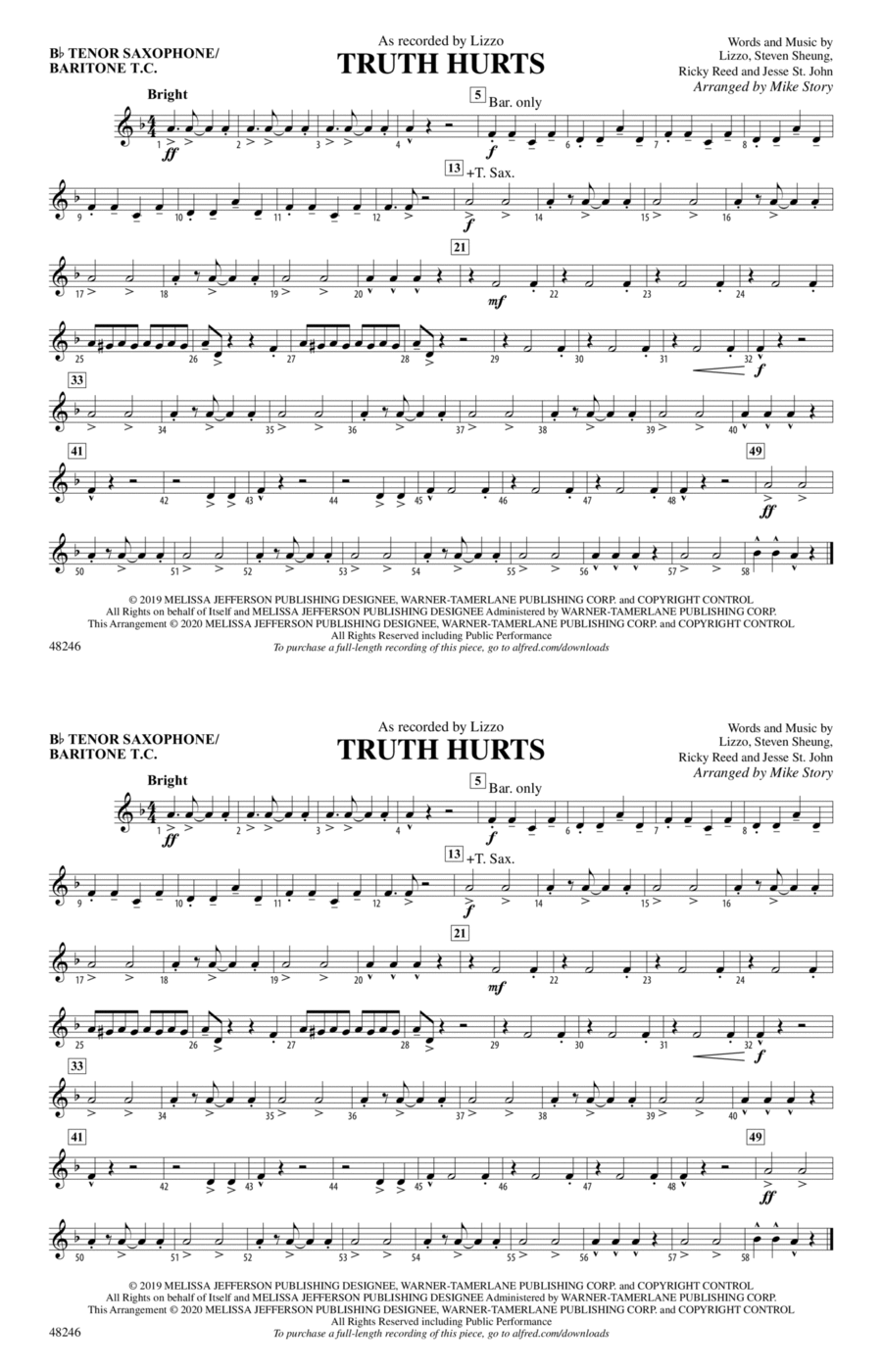 Truth Hurts: Bb Tenor Saxophone/Bartione Treble Clef Marching Band scores gallery preview page 1