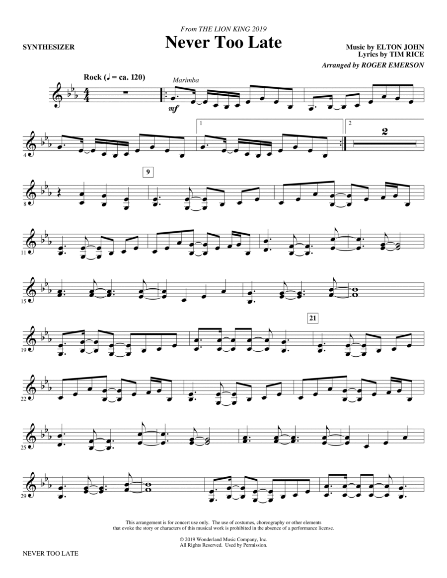 Never Too Late (from The Lion King 2019) (arr. Roger Emerson) - Synthesizer Choir scores gallery preview page 1