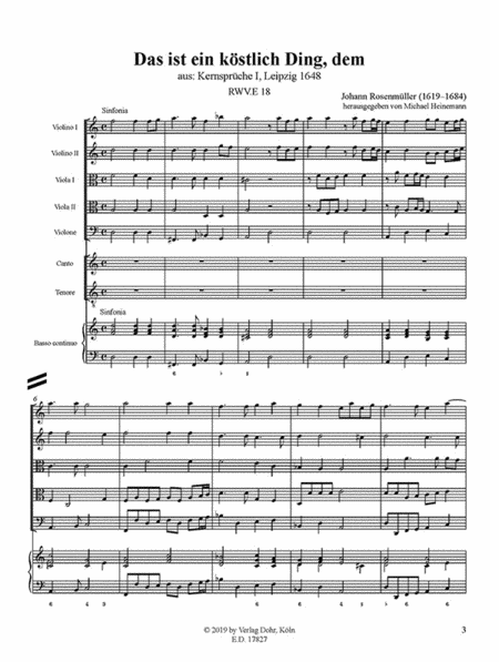 Das ist ein köstlich Ding, dem für Sopran, Tenor, zwei Violinen, zwei Violen, Violone und B.c. d-Moll RWV.E 18 (aus Kernsprüche I, Leipzig 1648)
