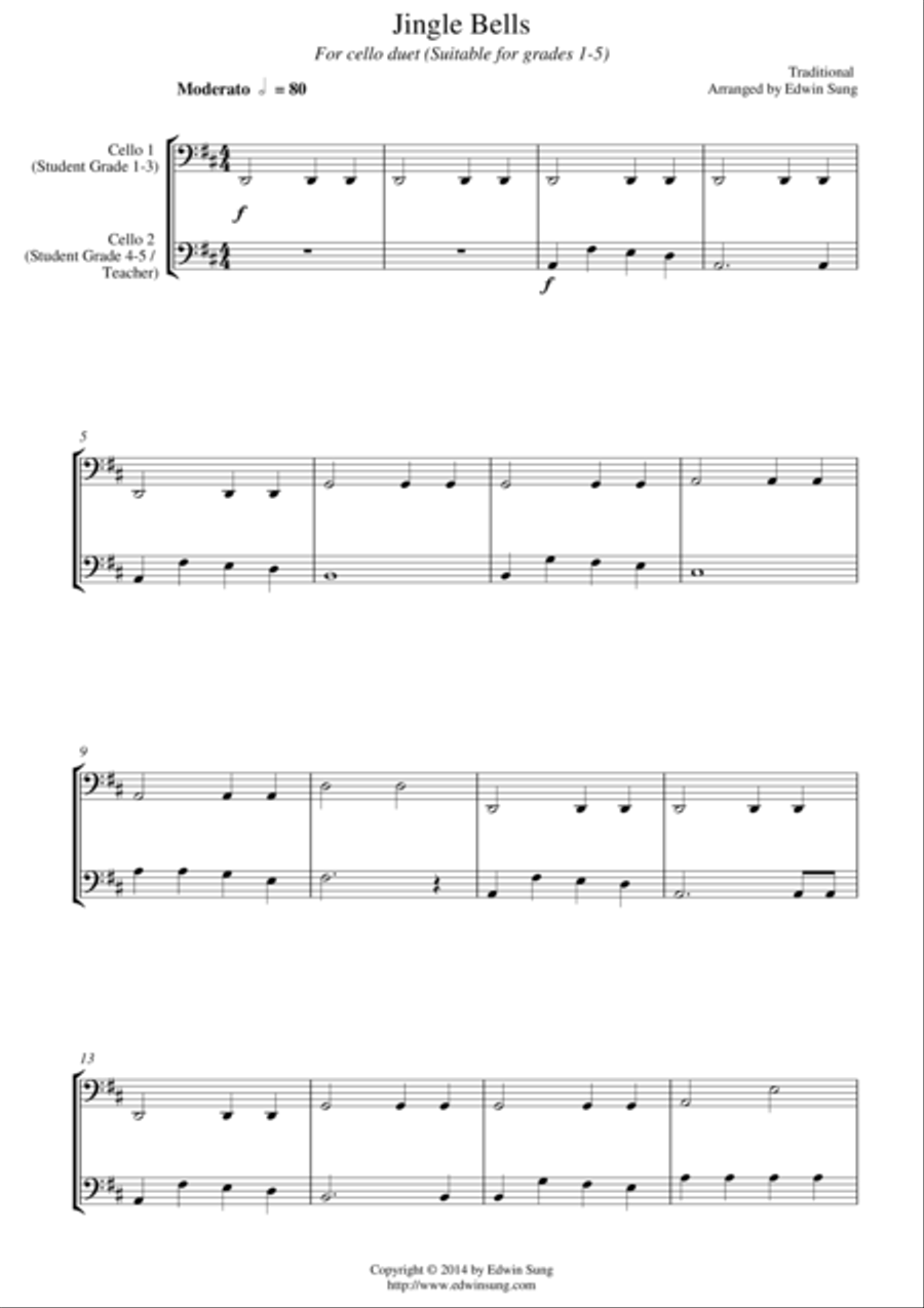 Jingle Bells (for cello duet, suitable for grades 1-5) String Duet scores gallery preview page 1