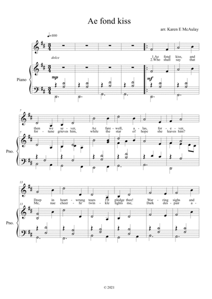 Ae fond kiss - Robert Burns song for voice and piano, with lyrics image number null