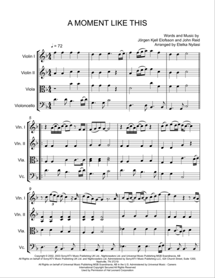 A Moment Like This String Quartet scores gallery preview page 1