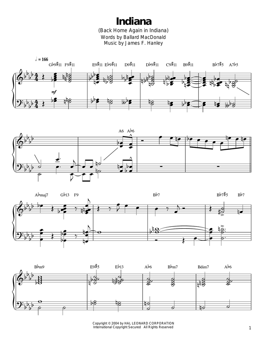 Indiana (Back Home Again In Indiana) Piano Solo scores gallery preview page 1