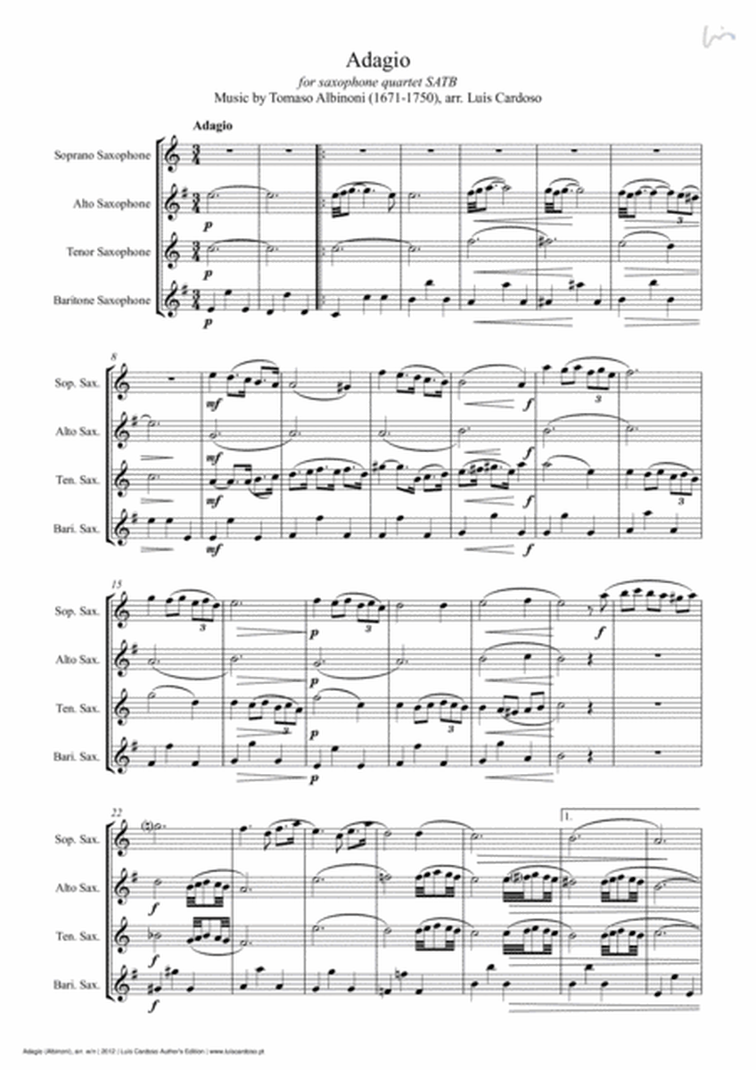 Adagio - Albinoni (for Saxophone Quartet SATB) image number null