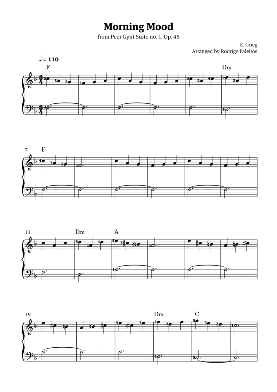 Morning Mood (easy piano - beginner to intermediate level 1 - with fingerings and chords) Easy Piano scores gallery preview page 1
