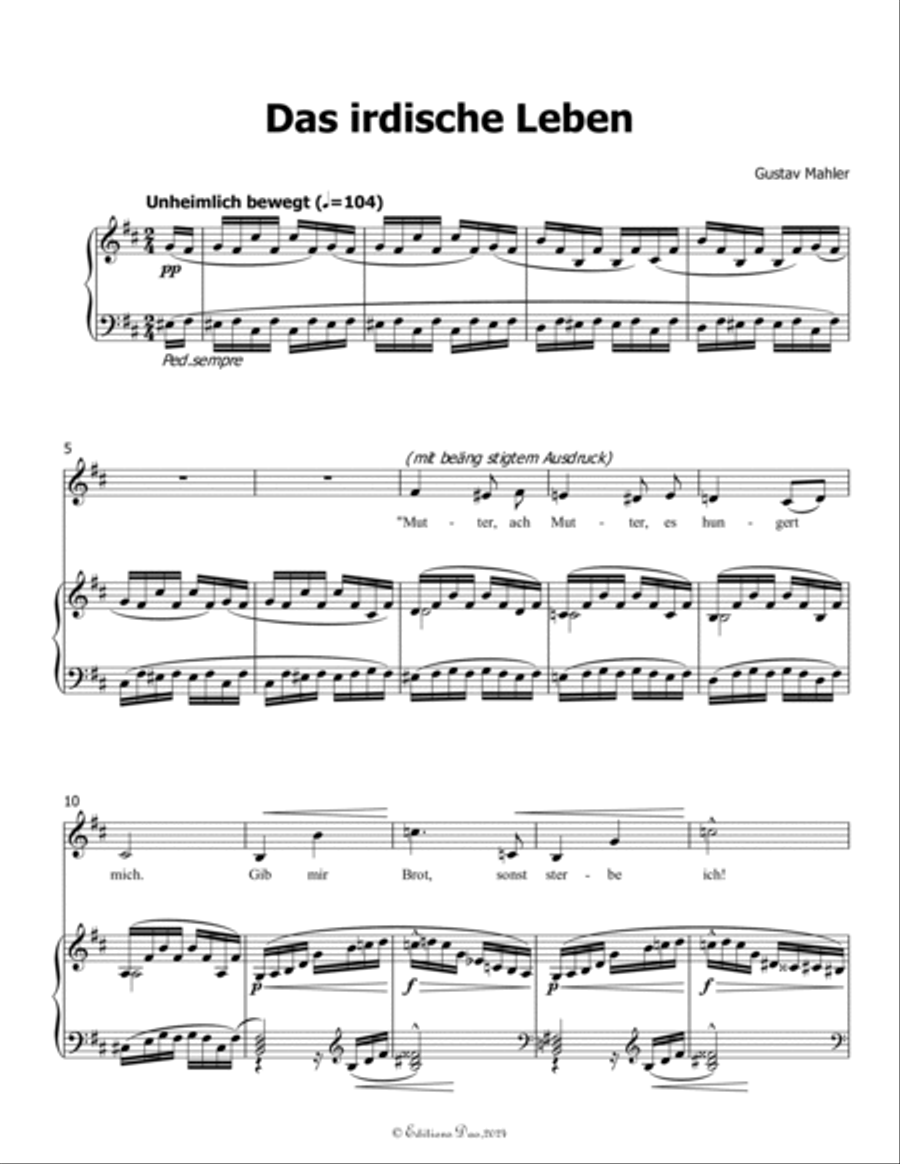Das irdische Leben, by Mahler, in D Major Piano, Vocal scores gallery preview page 3