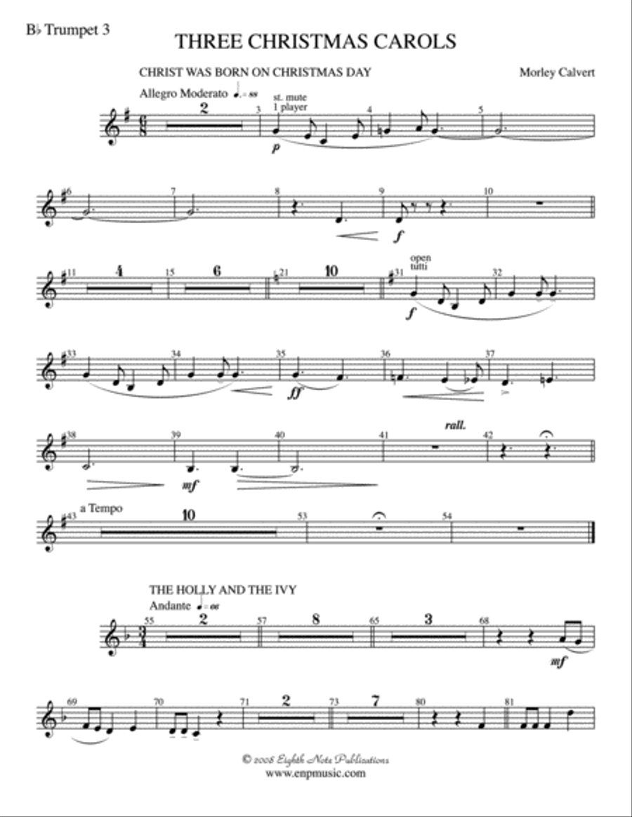 Three Christmas Carols: 3rd B-flat Trumpet Concert Band scores gallery preview page 1