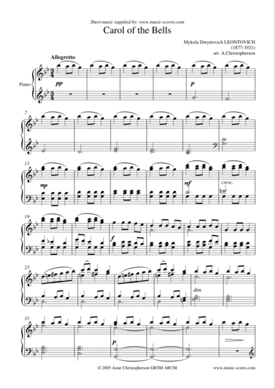 Carol of the Bells - Piano Solo Piano Solo scores gallery preview page 1