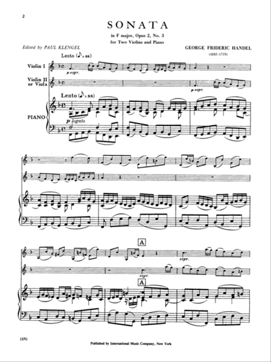 Sonata In F Major, Opus 2, No. 3 For Two Violins And Piano (Or Violin, Viola And Piano)