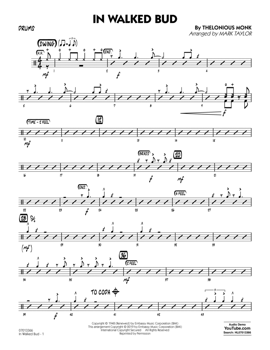 In Walked Bud (arr. Mark Taylor) - Drums Jazz Ensemble scores gallery preview page 1