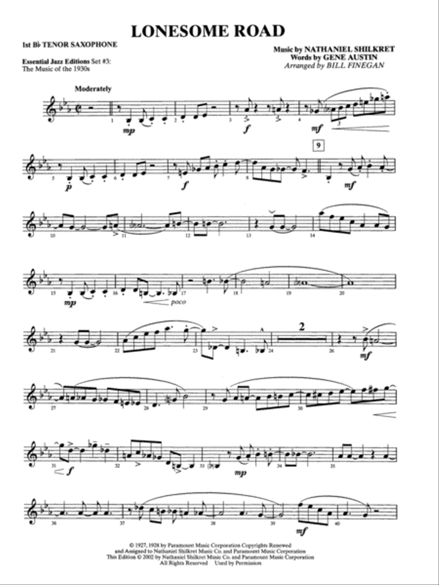 Lonesome Road: B-flat Tenor Saxophone Jazz Ensemble scores gallery preview page 1