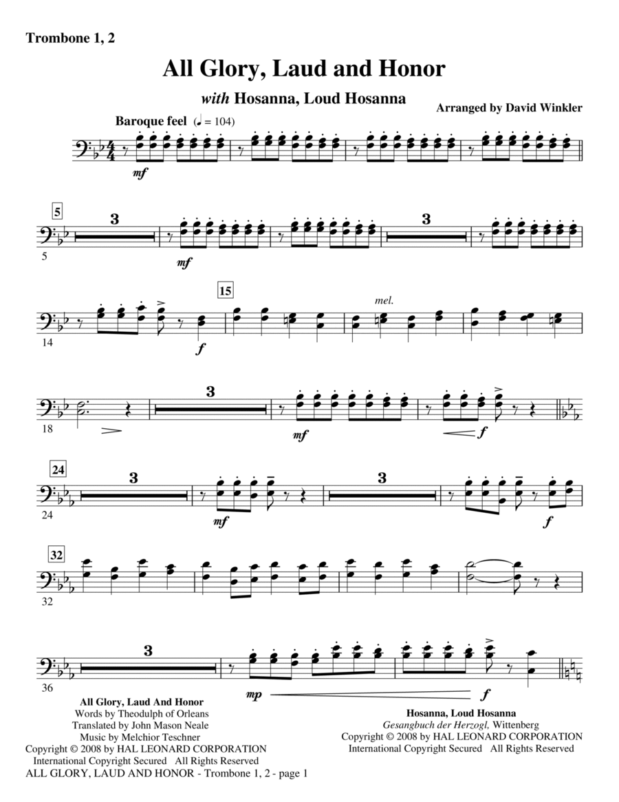 All Glory, Laud, And Honor (with Hosanna, Loud Hosanna) - Trombone 1, 2 Trombone scores gallery preview page 1