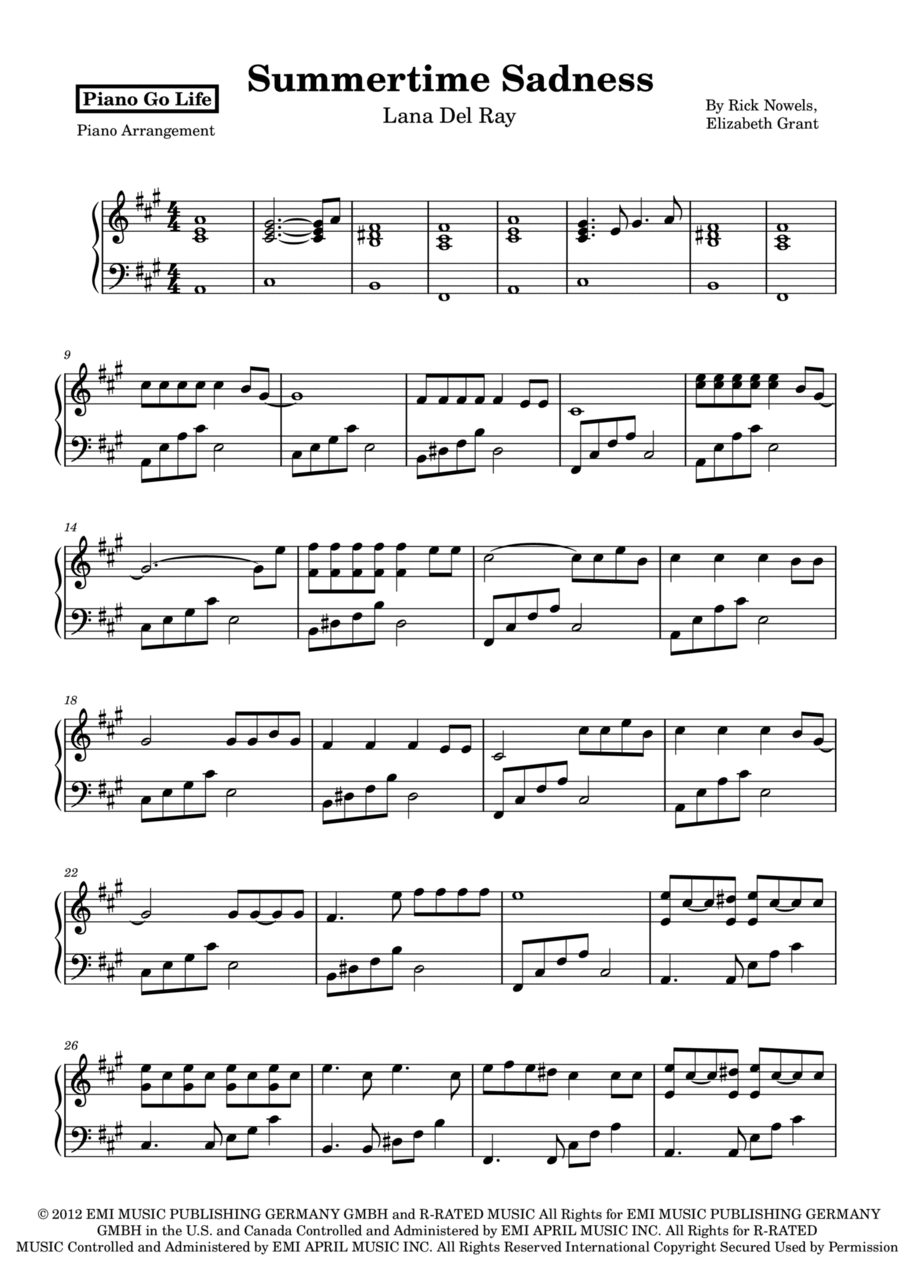Summertime Sadness Piano Solo scores gallery preview page 1