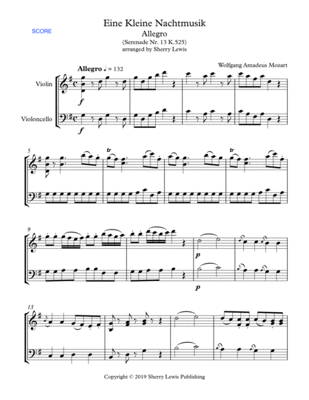 EINE KLEINE NACHTMUSIK - ALLEGRO (1st Mov.) - String Duo - Intermediate Level for violin and cello image number null