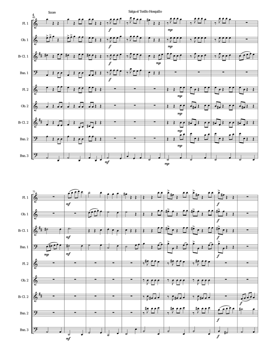 Salga el torillo hosquillo (Let the little wild bull out) arranged for wind nonet Woodwind Ensemble scores gallery preview page 4