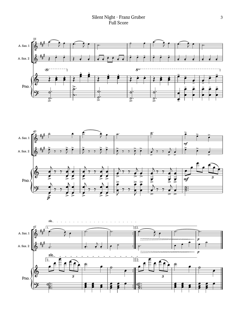 Silent Night for Alto Sax Duet with Piano Woodwind Duet scores gallery preview page 3
