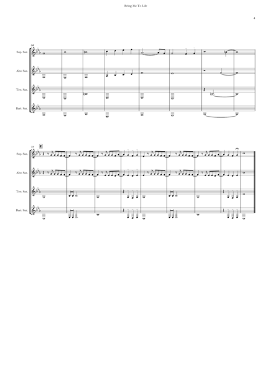 Bring Me To Life Saxophone Quartet scores gallery preview page 4