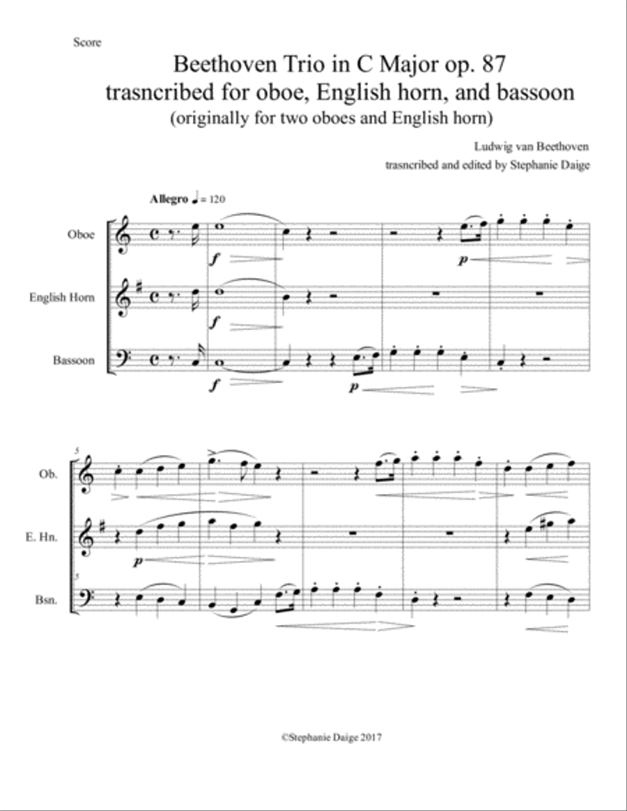 Allegro (mvt. 1) from Beethoven Trio in C Major, Op. 87, for Oboe, English horn, and Bassoon Woodwind Trio scores gallery preview page 3