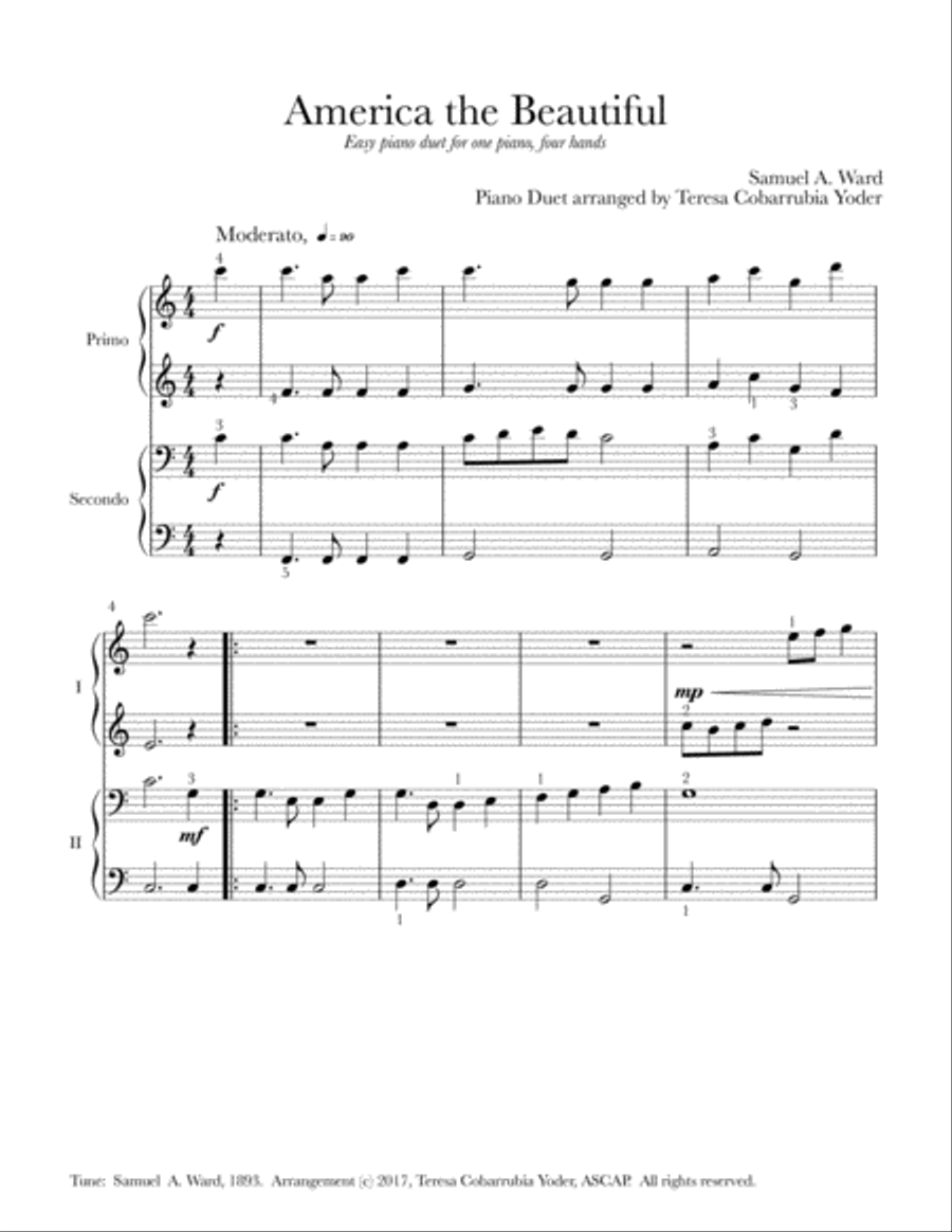 America the Beautiful- Easy Piano Duet by Teresa Cobarrubia Yoder, ASCAP Easy Piano scores gallery preview page 1