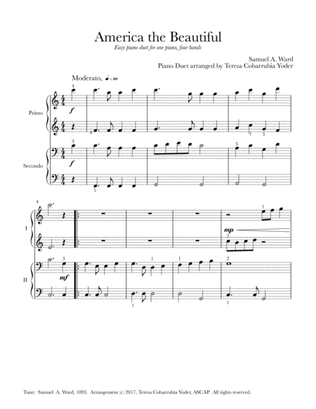 America the Beautiful- Easy Piano Duet by Teresa Cobarrubia Yoder, ASCAP