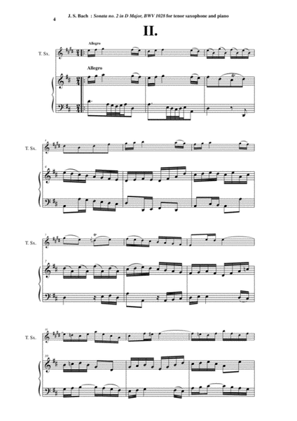 J. S. Bach: "Viola da Gamba" Sonata no. 2 in D major, BWV 1028, arranged for tenor saxophone and pi