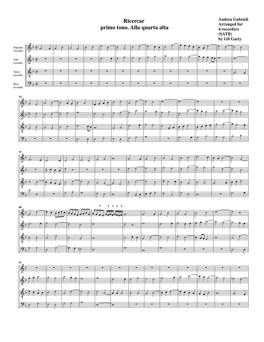 Ricercar del 1 tono alla quarta alta (arrangement for 4 recorders)