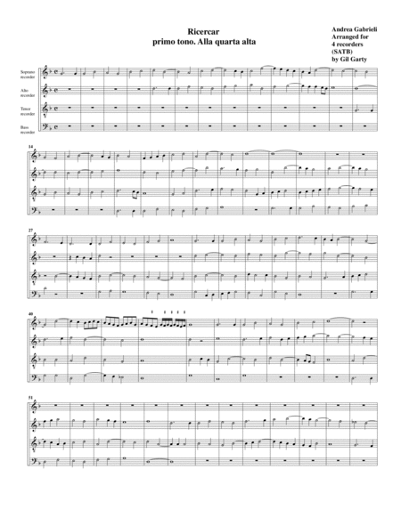 Ricercar del 1 tono alla quarta alta (arrangement for 4 recorders)