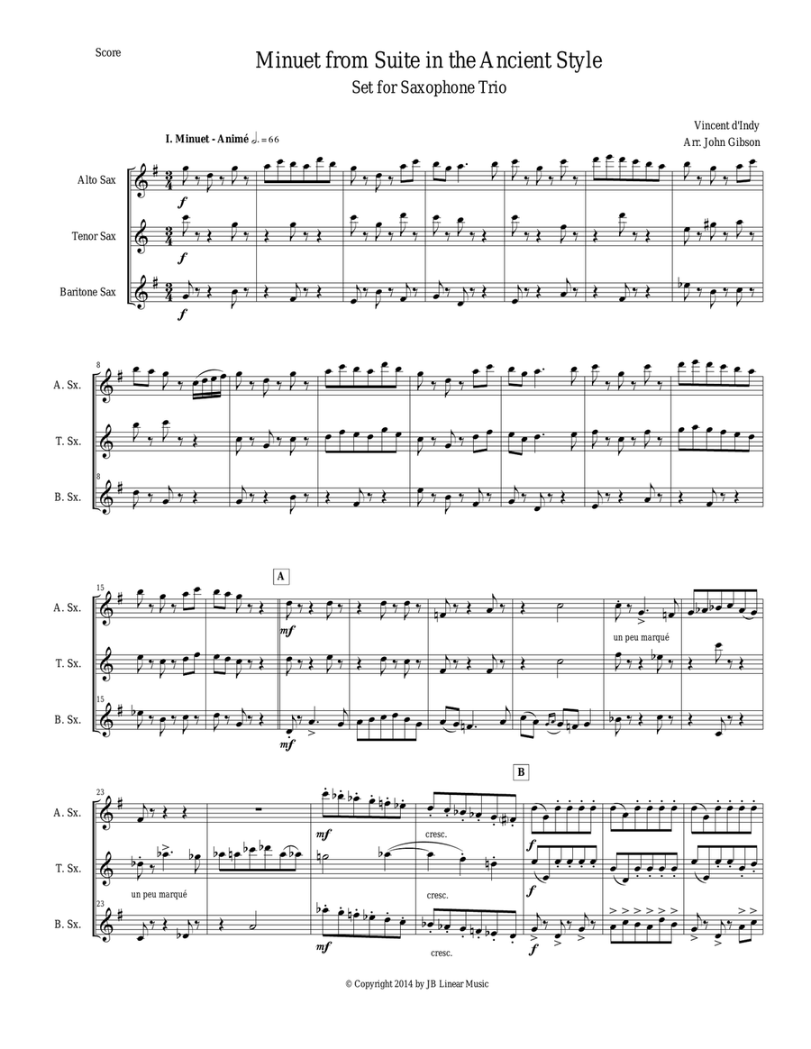 Minuet from Suite in the Ancient Style set for Saxophone Trio Woodwind Trio scores gallery preview page 1