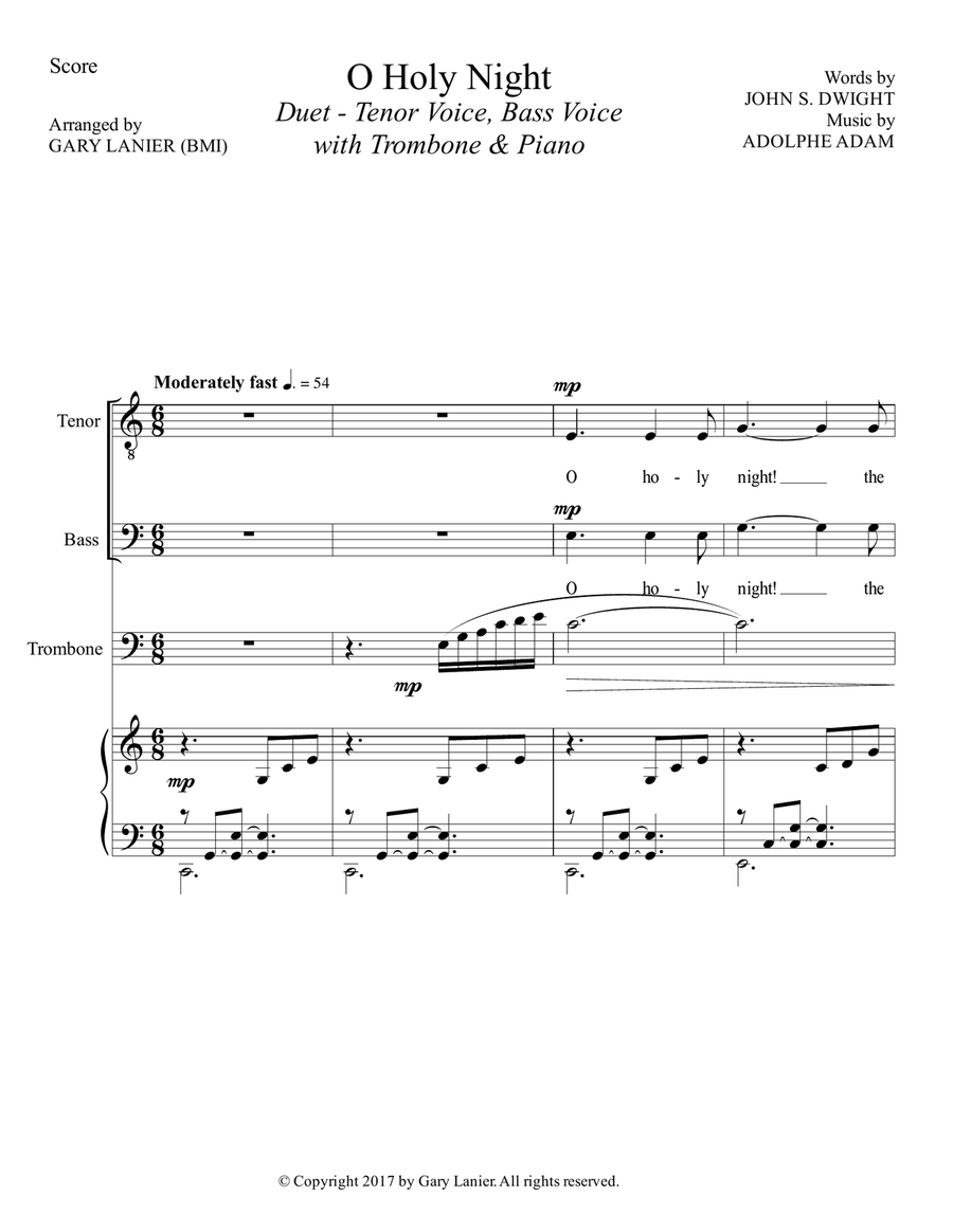 O HOLY NIGHT (Duet - Tenor Voice, Bass Voice with Trombone & Piano - Score & Parts included) Trombone Duet scores gallery preview page 2