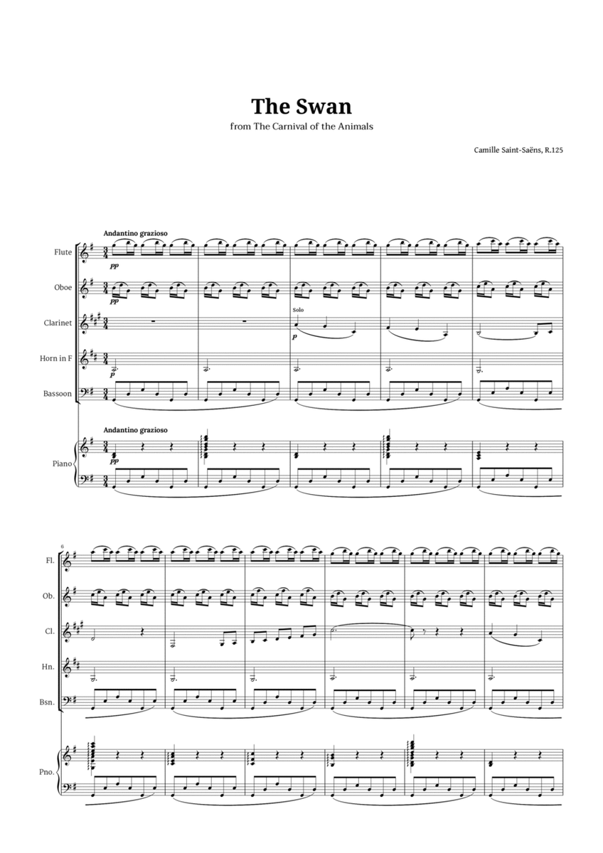 The Swan by Saint-Saëns for Woodwind Quintet and Piano image number null