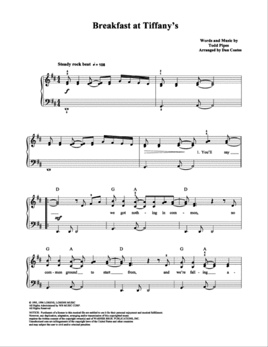 Breakfast at Tiffany's Breakfast at Tiffany's Easy Piano scores gallery preview page 1