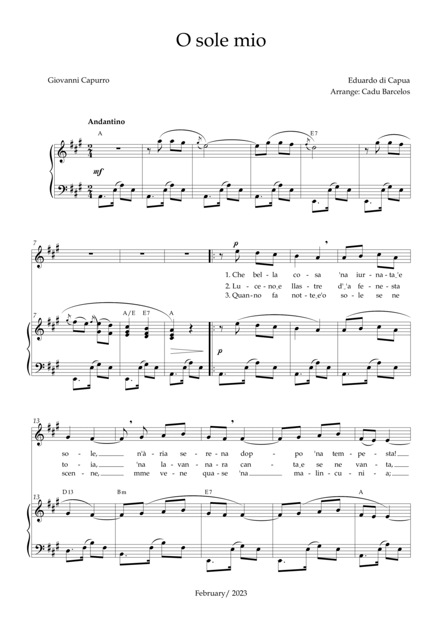 O Sole Mio (Eduardo di Capua) - A Major Chords Voice scores gallery preview page 1