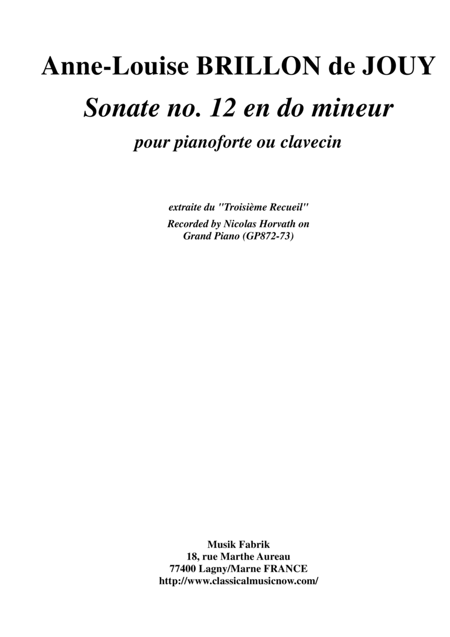 Anne-Louise Brillon de Jouy: Sonata no. 12 in c minor for piano or harpsichord Harpsichord scores gallery preview page 1