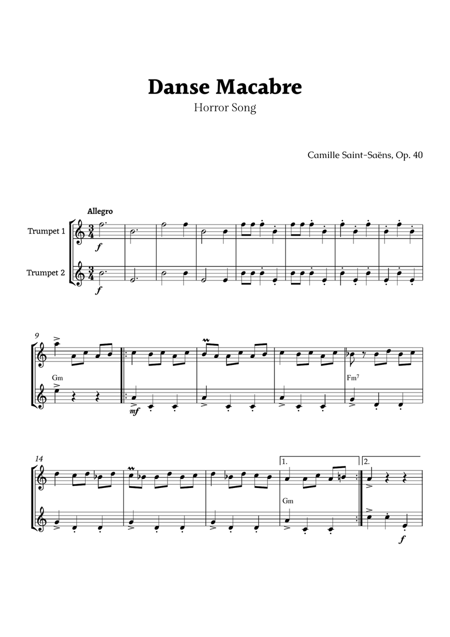Danse Macabre by Saint-Saëns Trumpet Duet scores gallery preview page 1