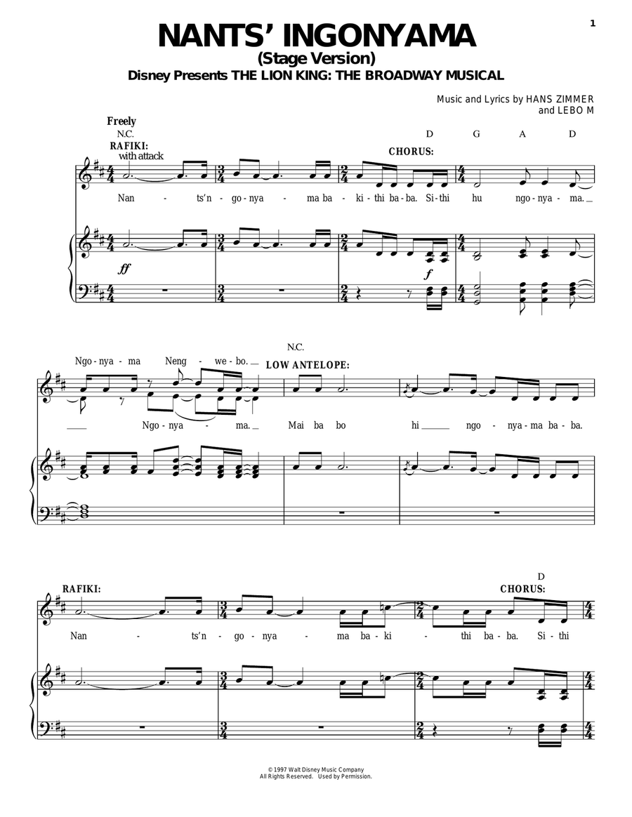 Nants' Ingonyama (Stage Version) (from The Lion King: Broadway Musical) Piano, Vocal, Guitar scores gallery preview page 1