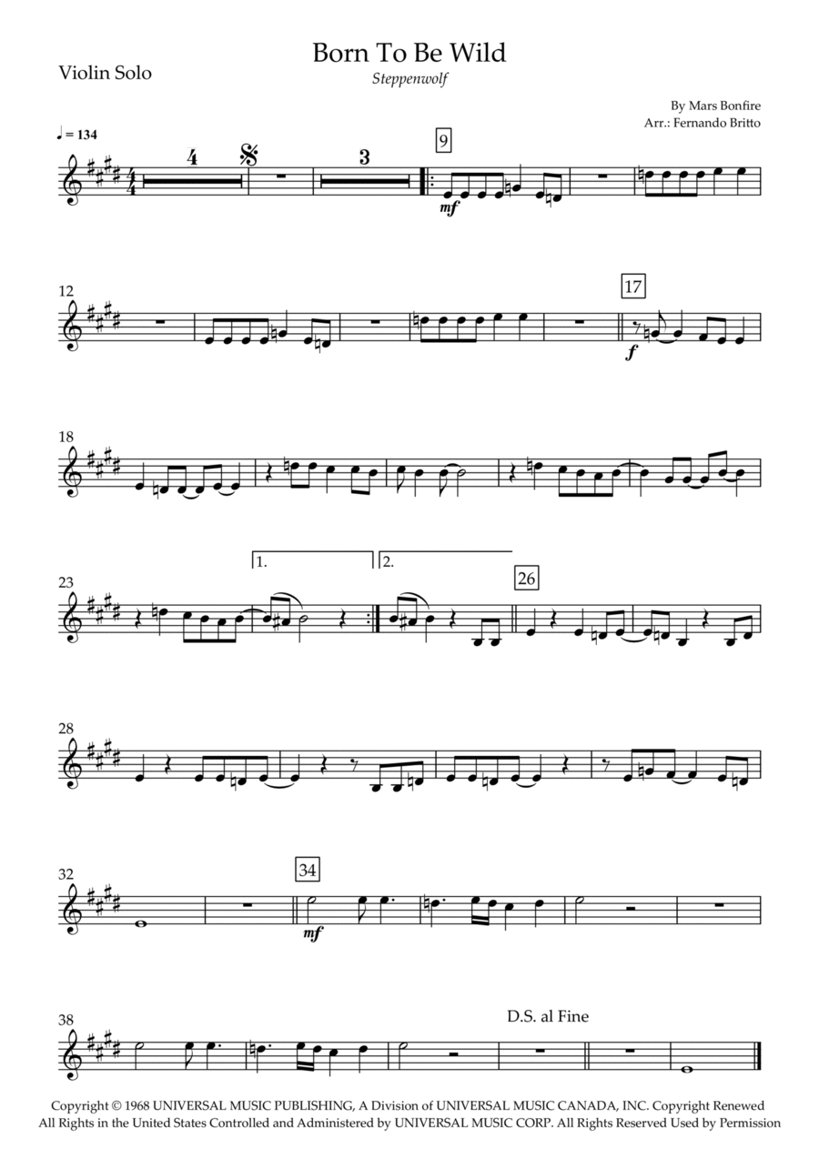 Born To Be Wild Violin Solo scores gallery preview page 1