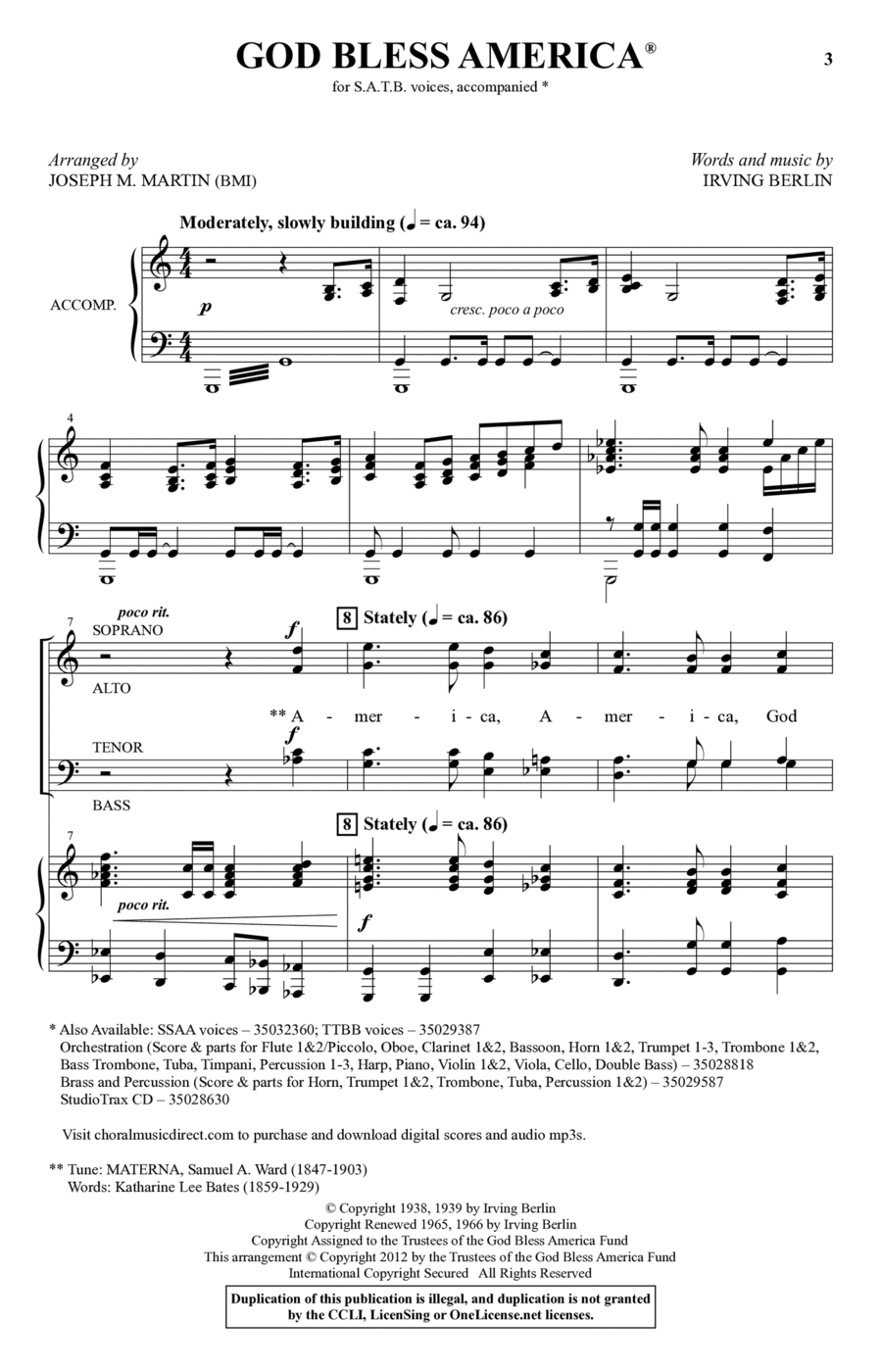 God Bless America (arr. Joseph M. Martin) 4-Part scores gallery preview page 1