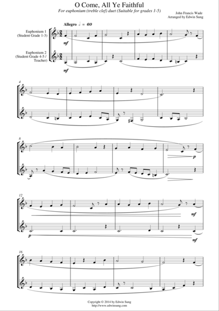 O Come, All Ye Faithful (for euphonium duet (Bb treble, 3 or 4 valved), suitable for grades 1-5) Brass Duet scores gallery preview page 1