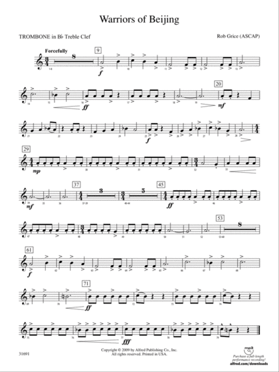 Warriors of Beijing: (World Part) 1st B-flat Trombone T.C. Concert Band scores gallery preview page 1