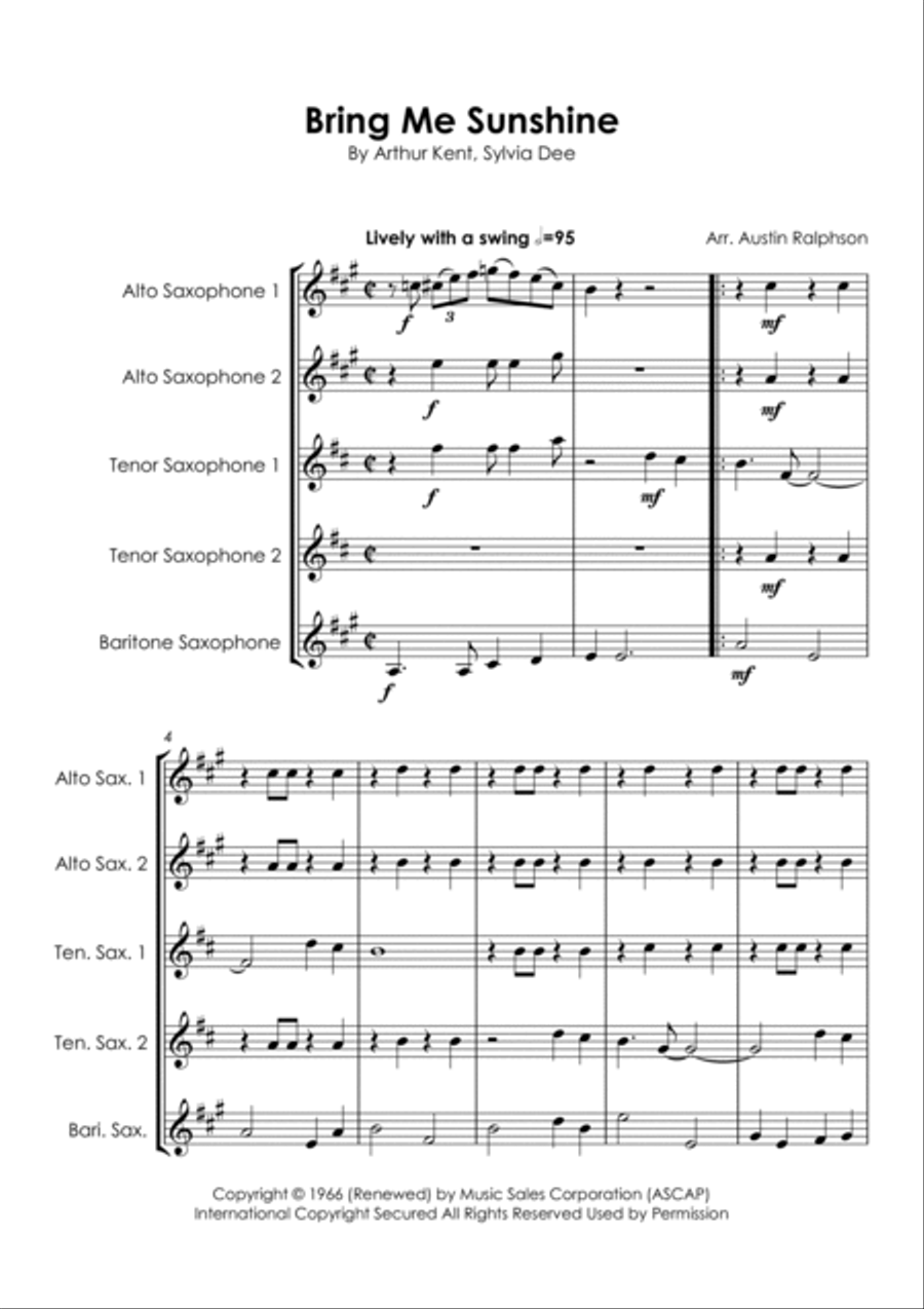 Bring Me Sunshine Saxophone Quintet scores gallery preview page 5
