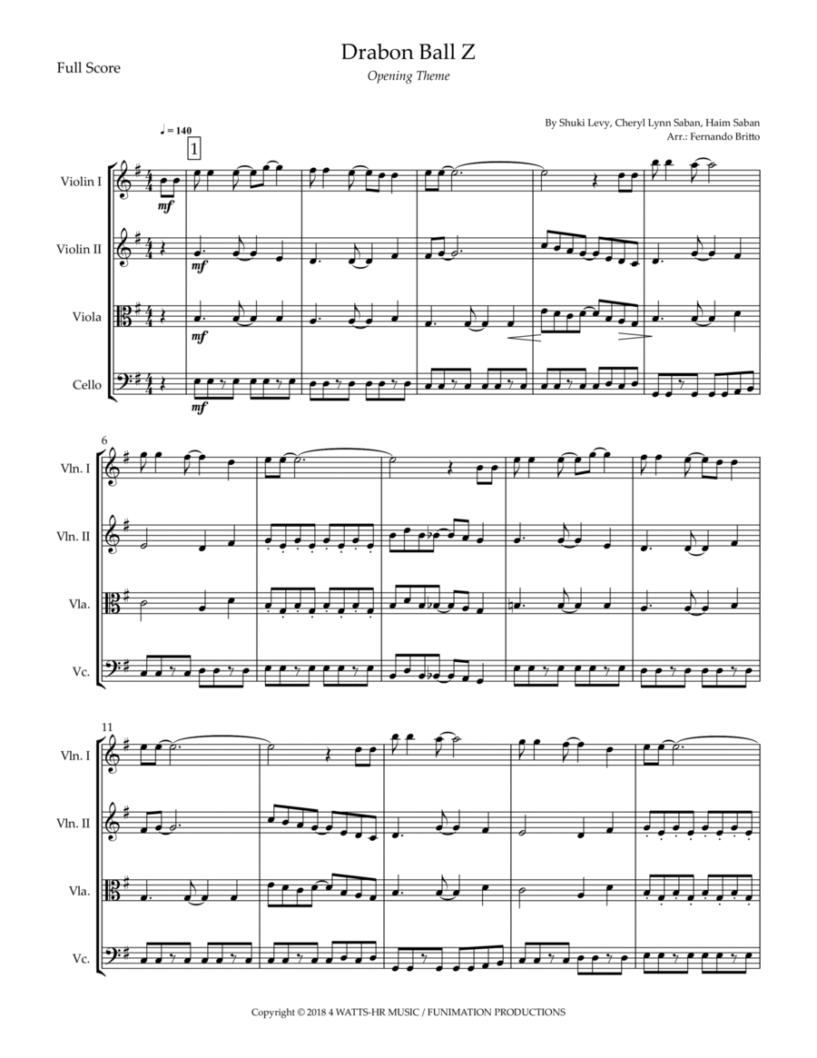 Dragon Ball Z Opening Theme String Quartet scores gallery preview page 1
